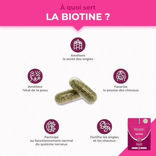 BIOTINE Nutrimea | Sans Excipient | Accélère la Pousse des Cheveux & Ongles | Avec Vitamine B8, Pépins de Courge, Zinc e