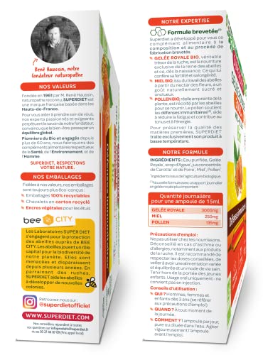 SUPERDIET Gelée Royale 3000MG - Boost Immunitaire - EU Organic - 20 Compléments alimentaires de 15ml  
SUPERDIET Gelée R