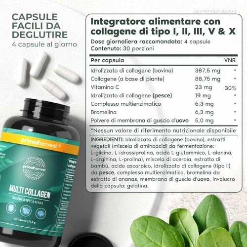 Primal Harvest® Multi-Collagen Premium Complex - 120 capsules - pour cheveux, peau, ongles, articulations et intestins -