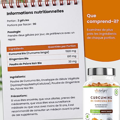 Complément alimentaire Curcuma Gingembre Poivre Noir VitaBright 180 Gélules Soil Association Bio Curcuma Curcumin 1440 m