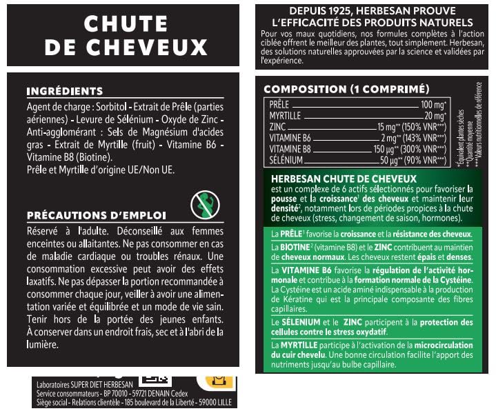 HERBESAN CHUTE DE CHEVEUX Croissance & Densité - 6 Actifs Ciblés + Biotine, Prêle, Myrtille, Zinc & Sélénium - 30 Compri