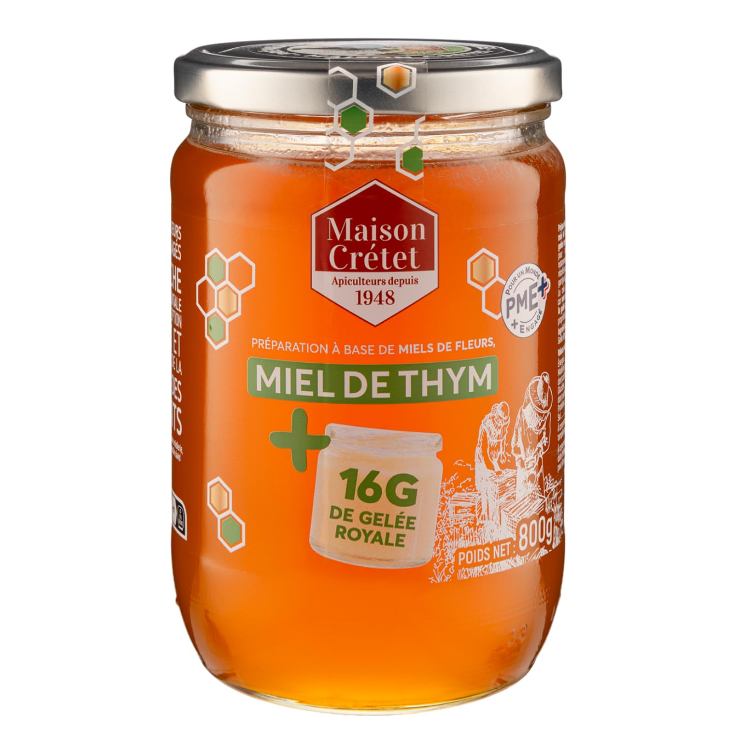 Maison Crétet - Miel de thym et Gelée Royale 800g - 16g de gelée royale par pot - Récolté dans les garrigues préservées 