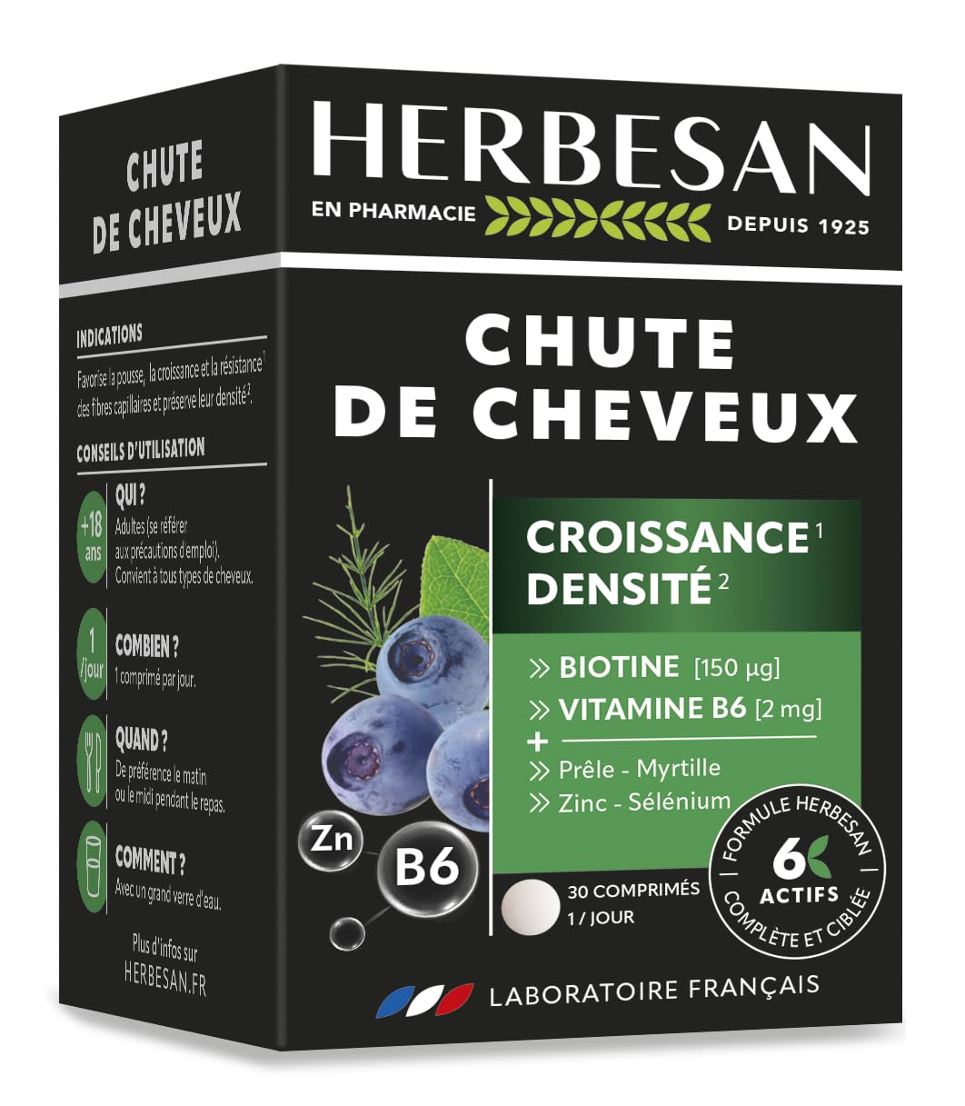 HERBESAN CHUTE DE CHEVEUX Croissance & Densité - 6 Actifs Ciblés + Biotine, Prêle, Myrtille, Zinc & Sélénium - 30 Compri