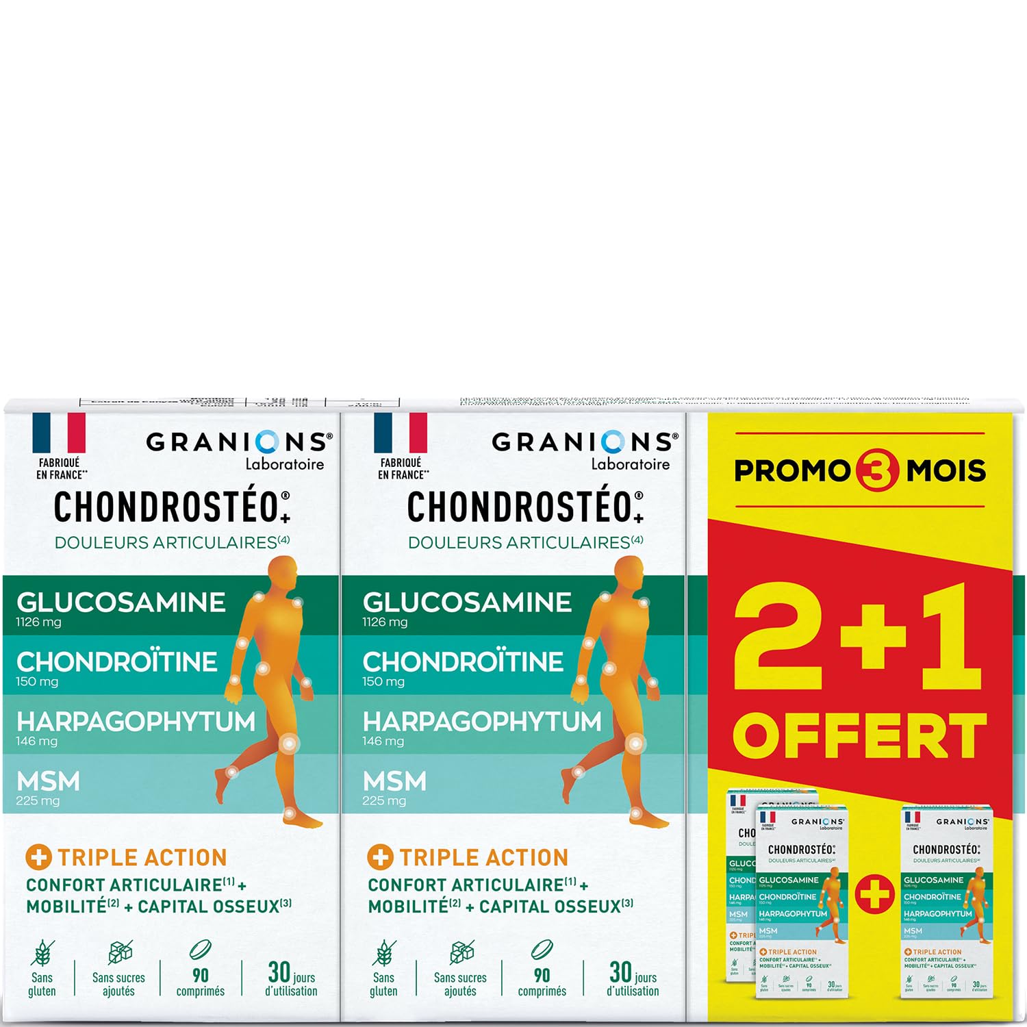 GRANIONS CHONDROSTEO ARTICULATIONS Glucosamine Chondroïtine, MSM, Harpagophytum - Calcium pour Souplesse, Flexibilité, M