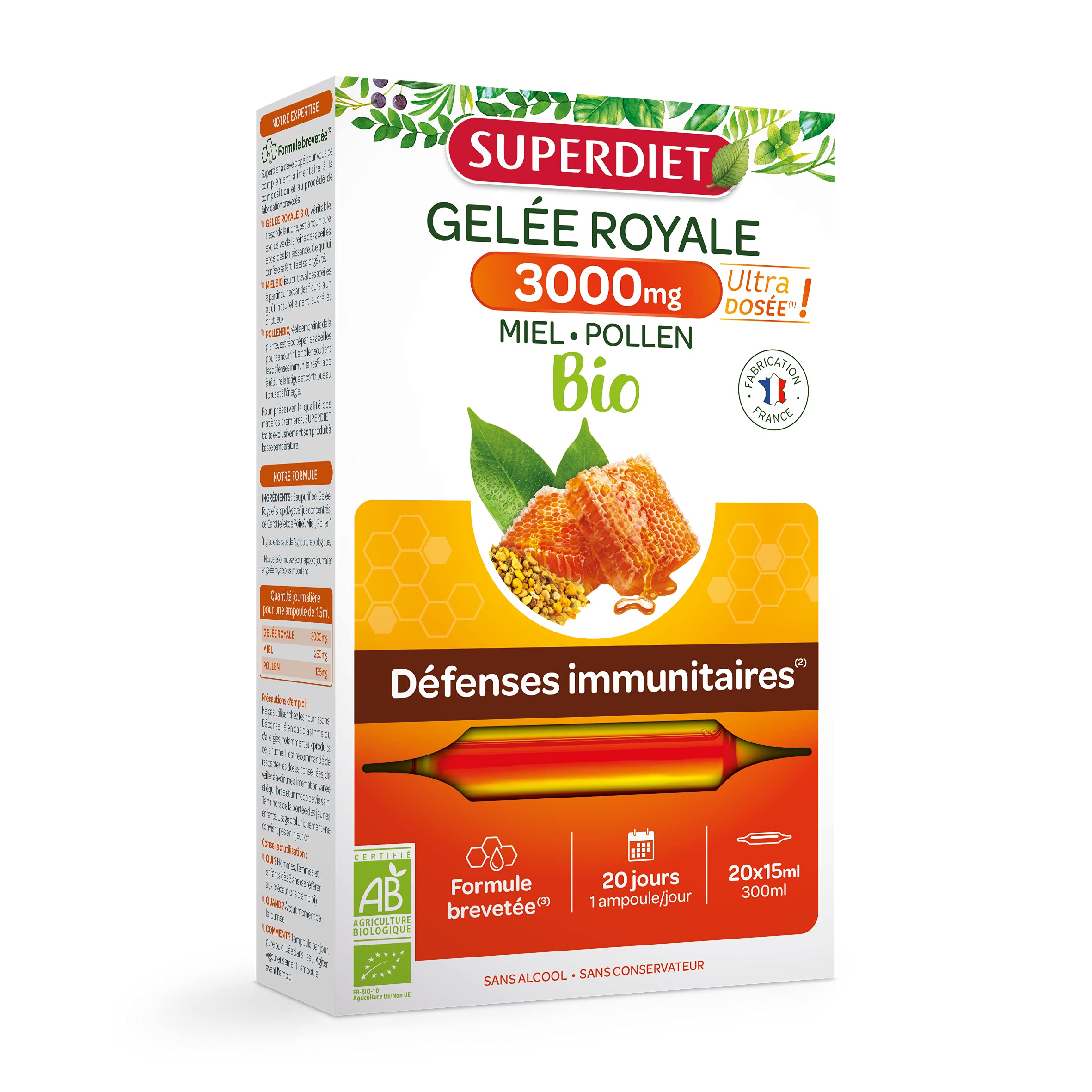 SUPERDIET Gelée Royale 3000MG - Boost Immunitaire - EU Organic - 20 Compléments alimentaires de 15ml  
SUPERDIET Gelée R